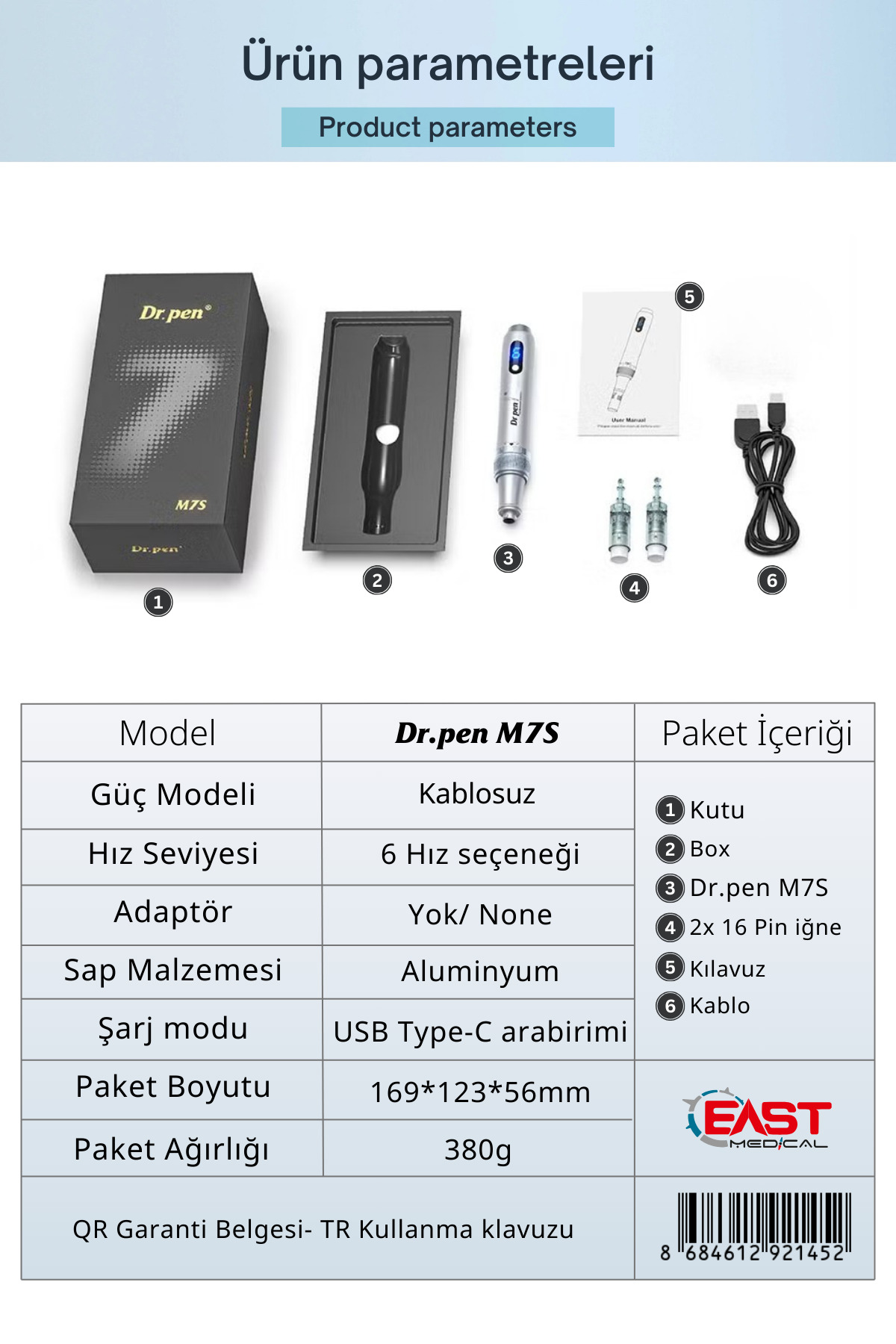 Kutu, Dr.pen M7S, iğneler, kablo, kılavuz ve özellikleri gösteren ürün özeti.