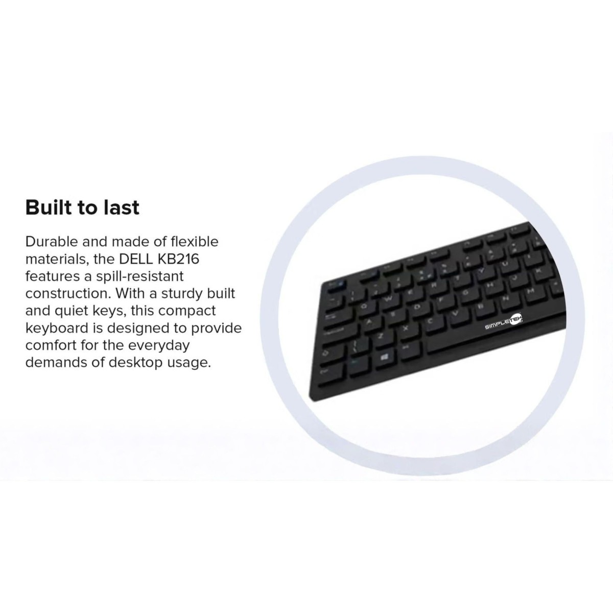 Tastiera nera Dell KB216 con layout inglese, incorniciata da un cerchio.