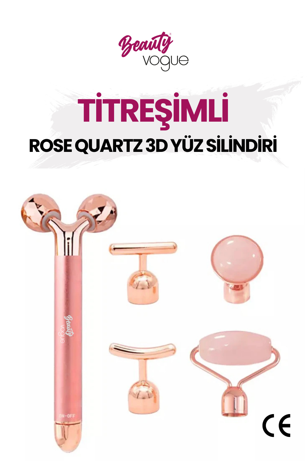 Pembe kuvars taşlı, rose altın rengi yüz rulosu ve masaj aletleri.
