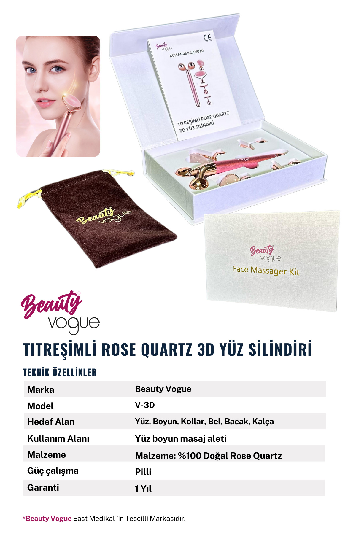 Pembe gül kuvarslı 3D yüz masaj aleti, aksesuarlar ve kullanım kılavuzu.