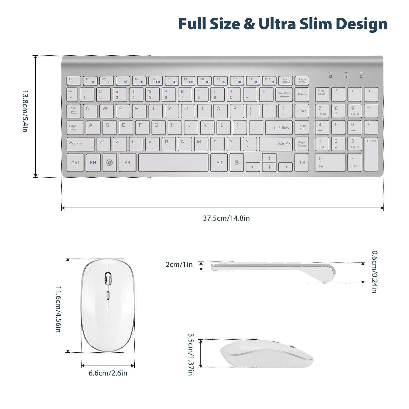 Un set tastiera e mouse wireless argentato con dimensioni.