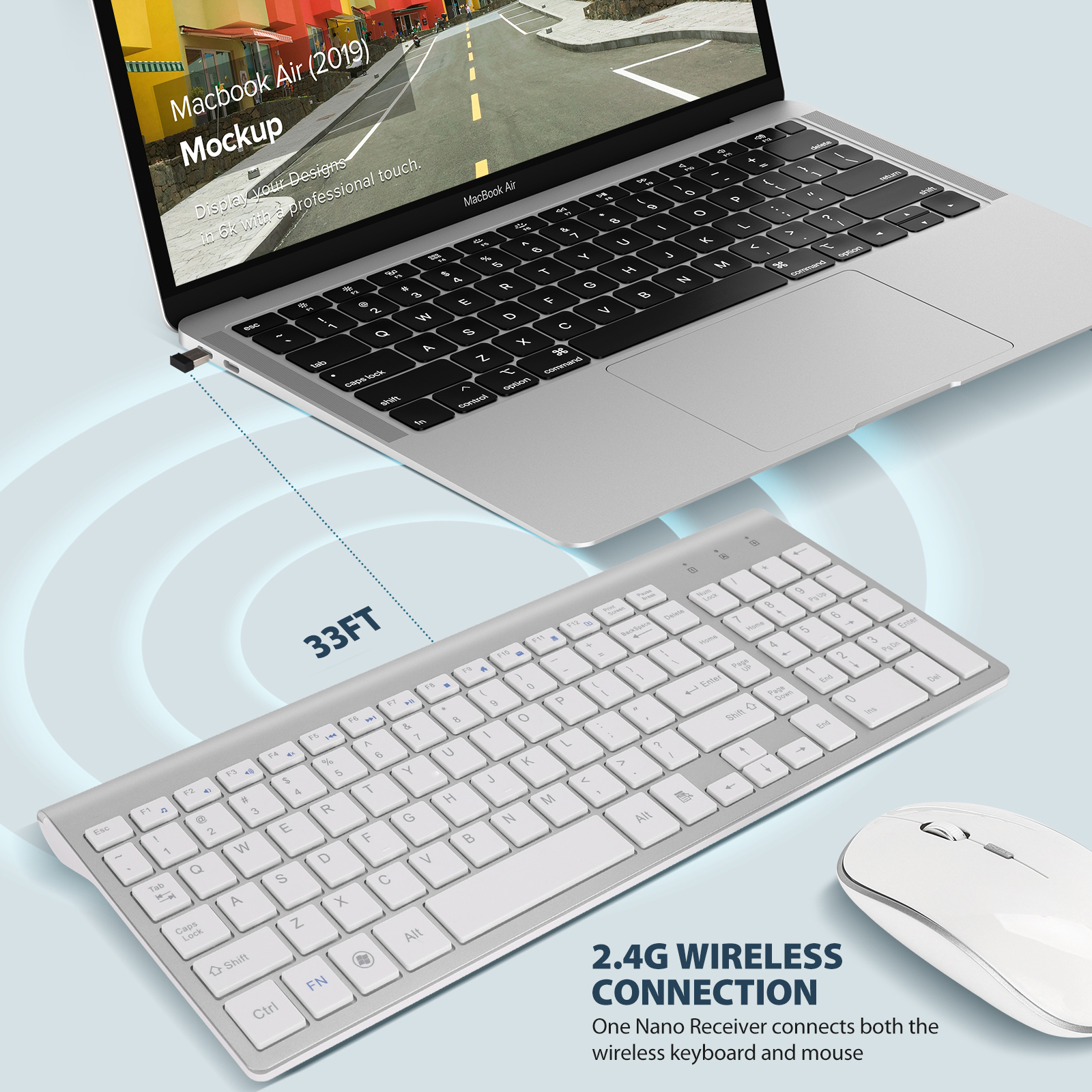 Un MacBook argento con tastiera e mouse, portata wireless di 33 piedi.