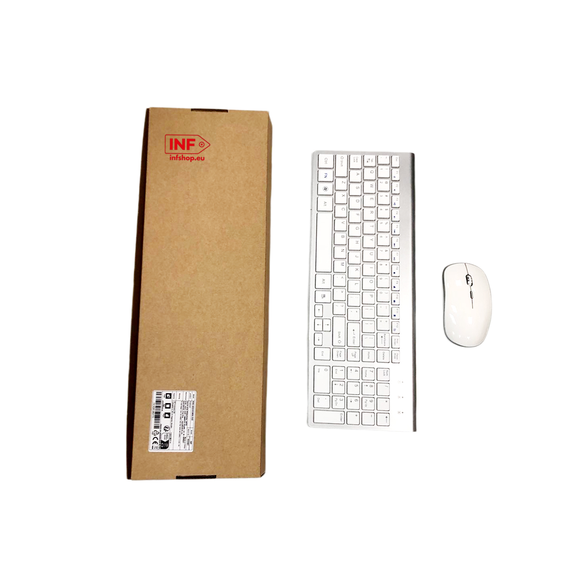 Una tastiera e un mouse wireless bianchi accanto a una scatola di cartone marrone con logo.