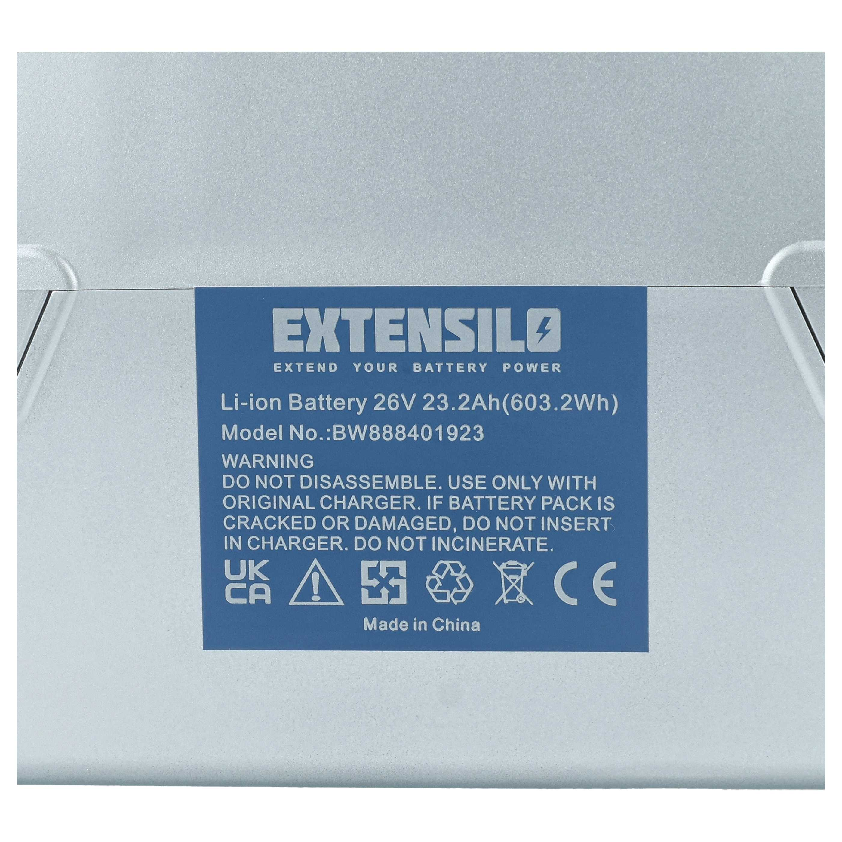 Li-Ionen-Akku 26V 23.2Ah mit Warnsymbolen und CE-Zeichen.