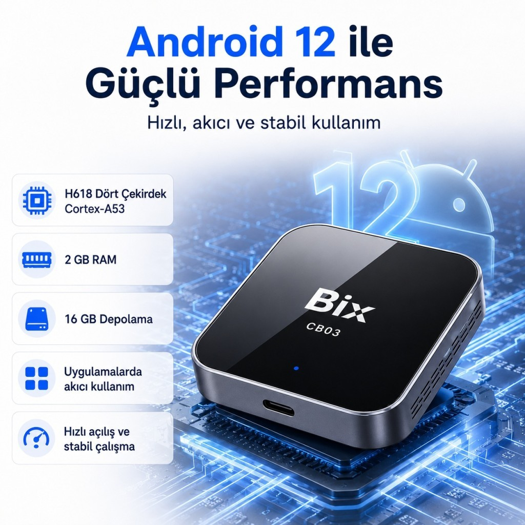 Android 12'li siyah Bix CB03 medya oynatıcı, 4 çekirdekli Cortex-A53, 2 GB RAM, 16 GB depolama.