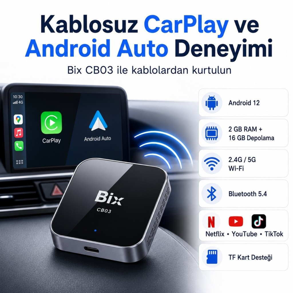 Kablosuz CarPlay/Android Auto için Bix CB03 adaptör, Android 12, 2GB RAM, 16GB depolama.