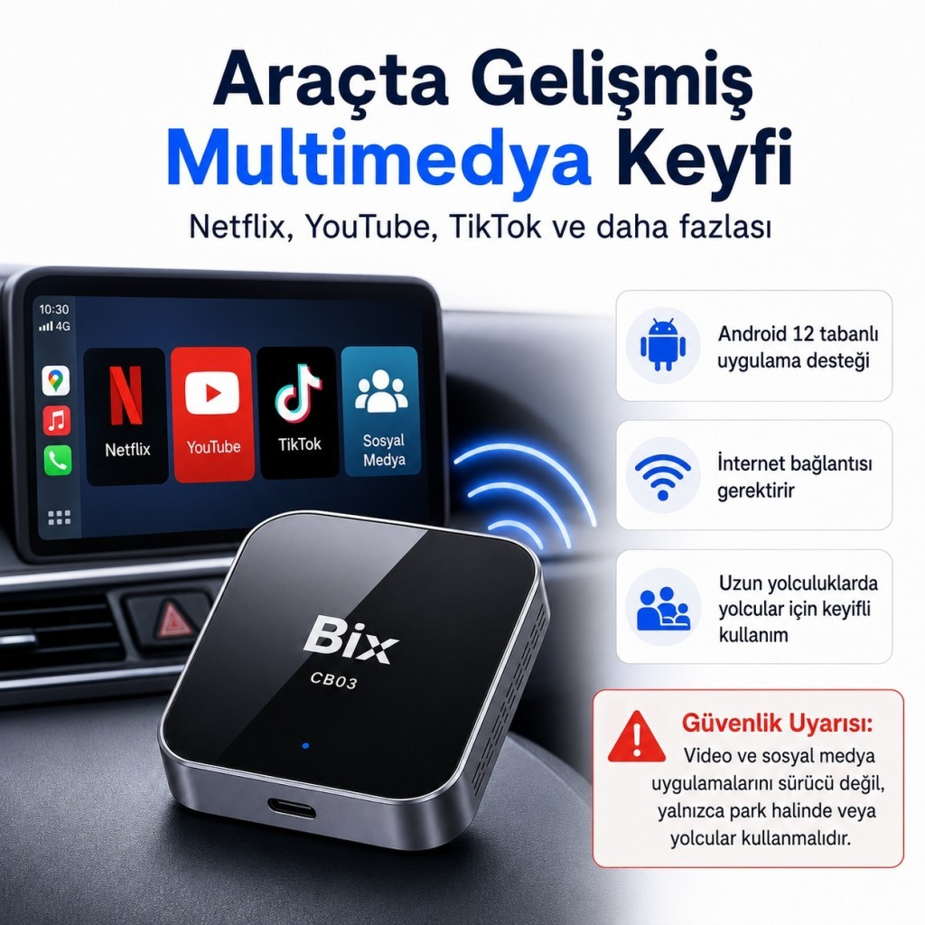 Netflix, YouTube, TikTok uygulamalı Bix CB03 araç multimedya cihazı.