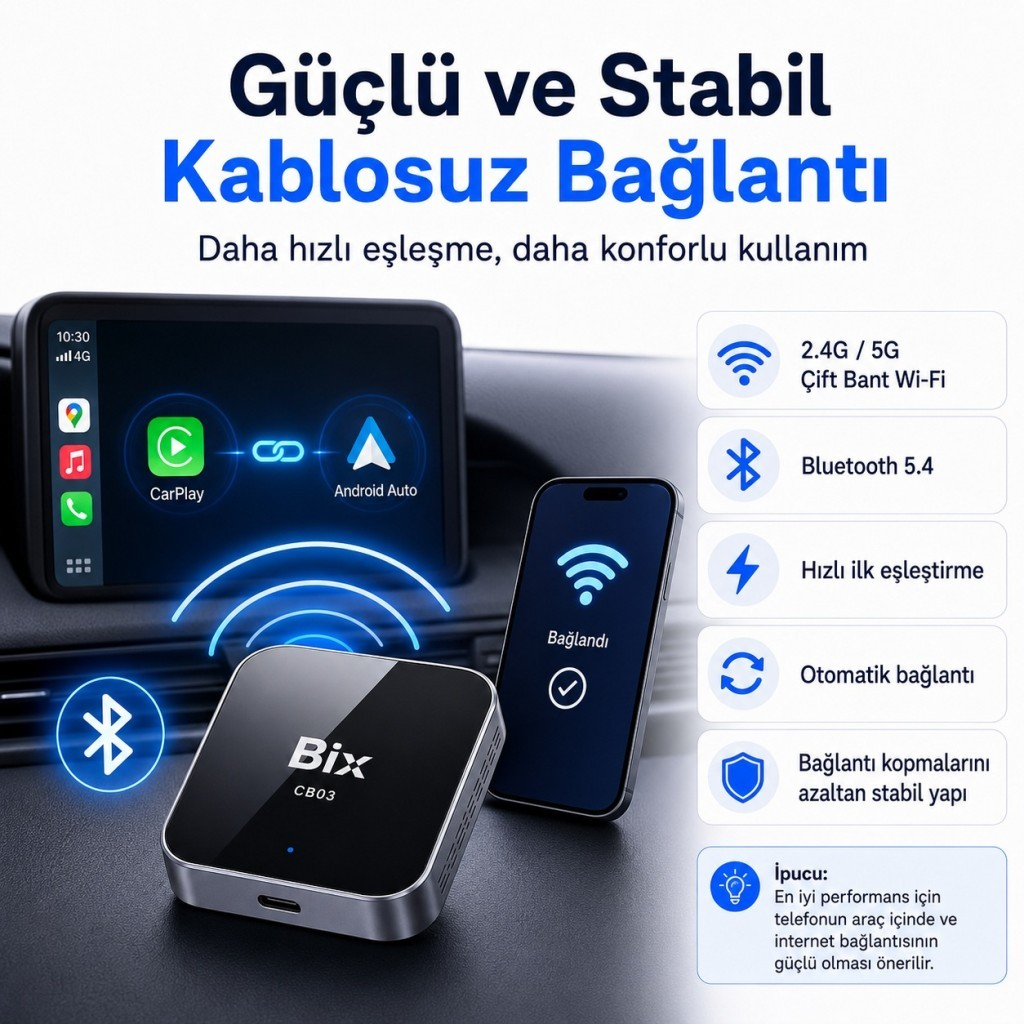 Bix CB03 adaptörü, CarPlay/Android Auto aracılığıyla aracın bilgi-eğlence sistemine kablosuz bağlanır.