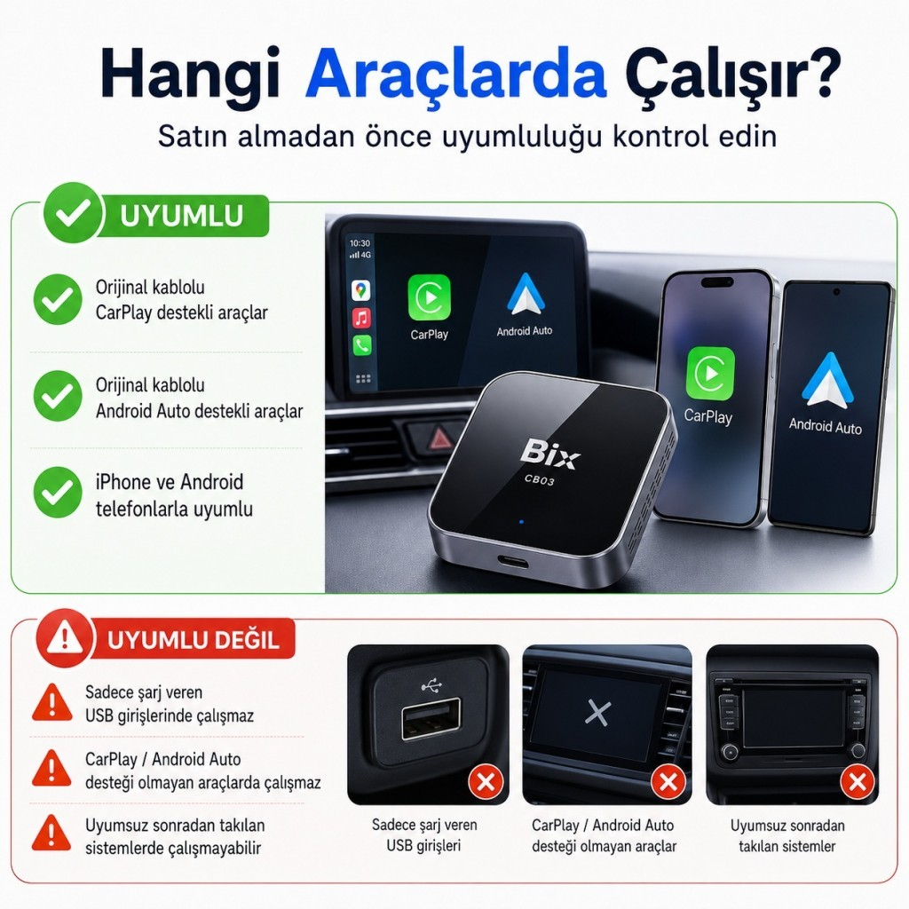 CarPlay/Android Auto için cihaz, iPhone/Android uyumlu, USB portlu.
