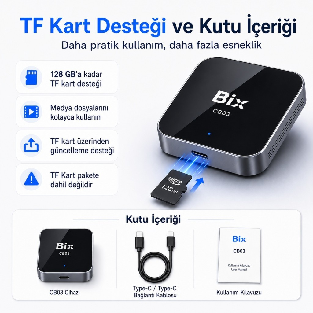 Bix CB03 cihazı TF kart yuvası, kablo ve kılavuz içerir. 128 GB'a kadar destekler.