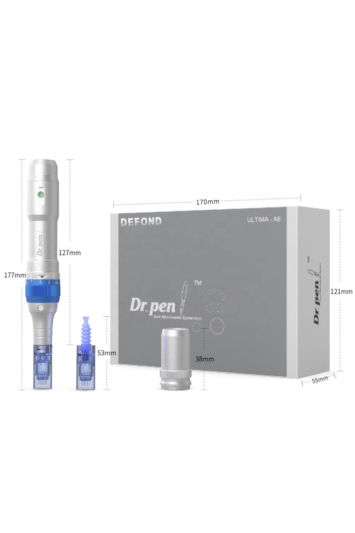 Dr. Pen mikroiğne cihazı, kartuş ve kutusu. Gümüş ve mavi. Boyutlar gösteriliyor.