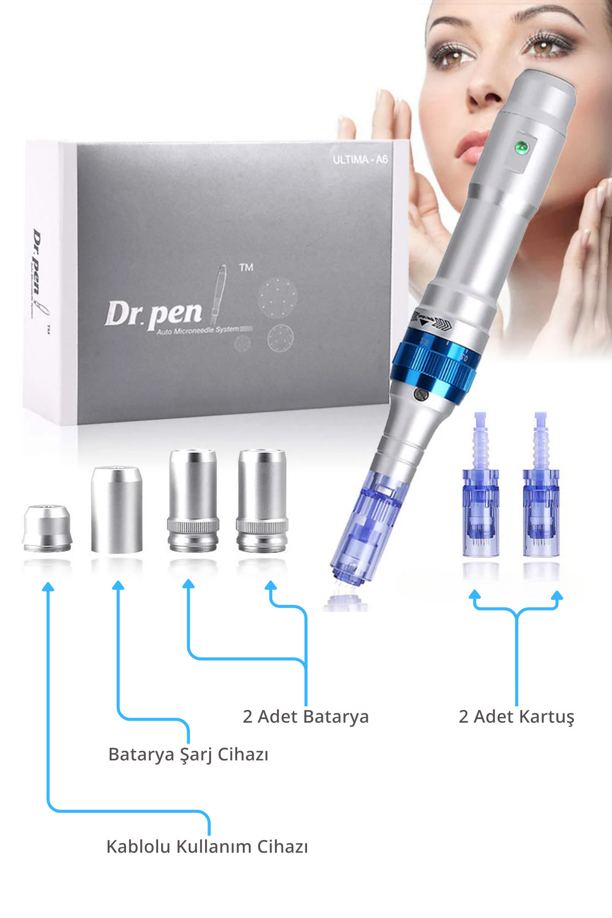 Dr. Pen mikroiğneleme cihazı aksesuarları: kutu, cihaz, kartuşlar, piller, şarj cihazı.