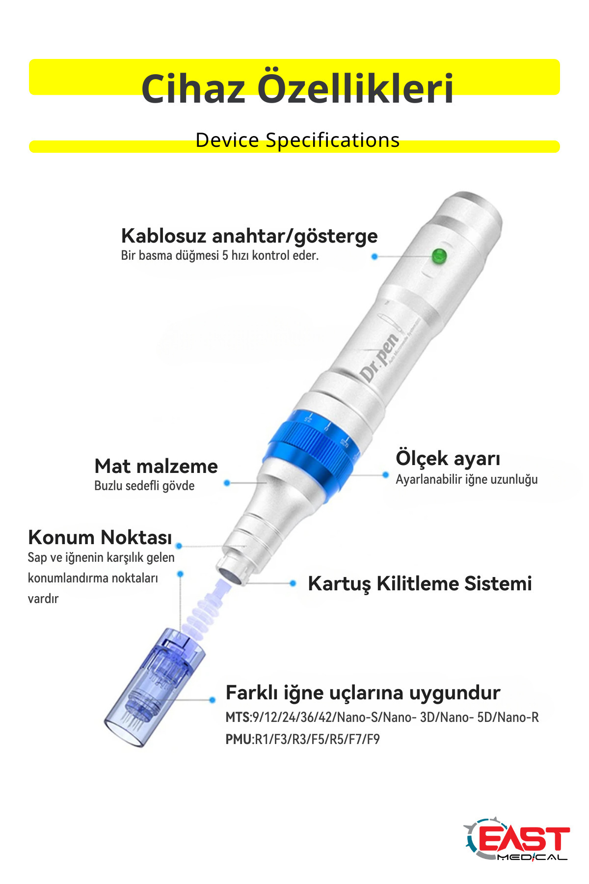 Gümüş ve mavi cilt bakım kalemi, çıkarılabilir iğne kartuşu ve etiketlerle.
