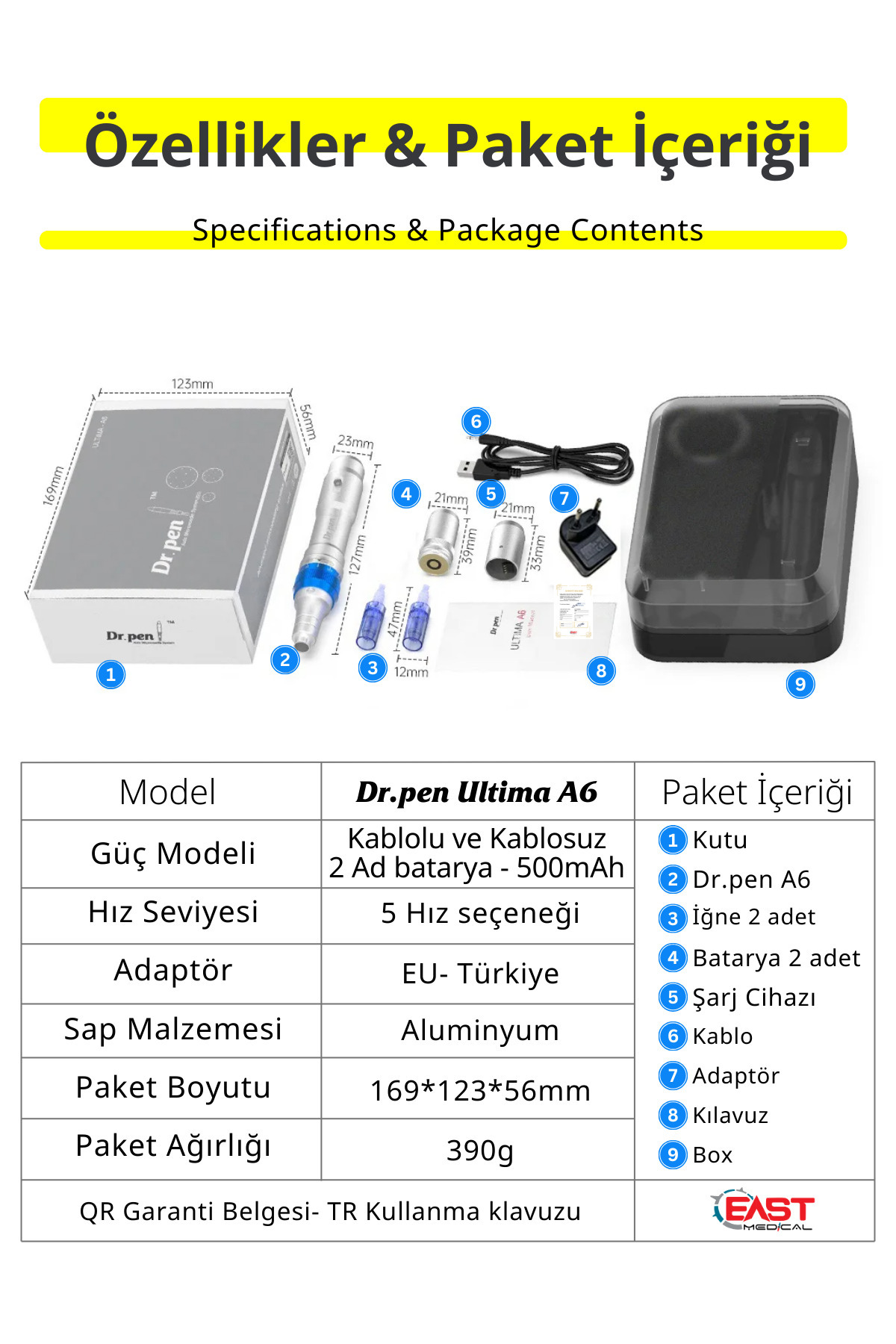 Dr.pen Ultima A6 seti: Kalem, iğne, pil, şarj cihazı, kablo, adaptör, kılavuz, kutu.
