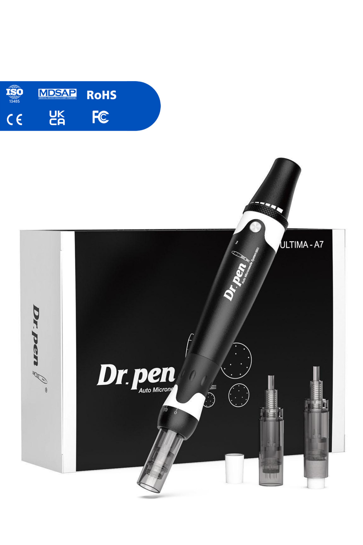 Kutu ve kartuşlu Dr. Pen Ultima A7 otomatik mikroiğne sistemi.
