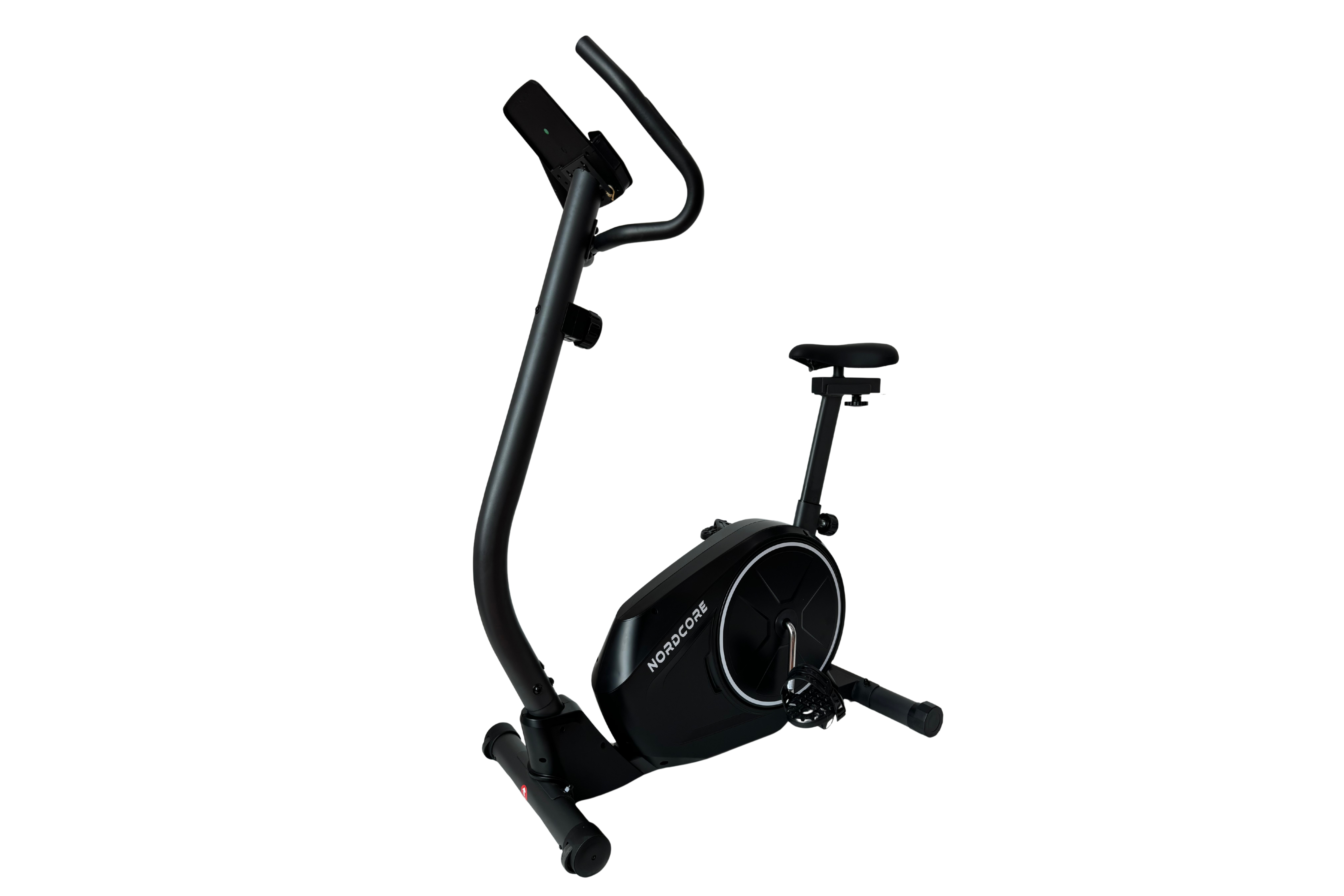 Ein schwarzes, aufrechtes Fahrrad mit dem Markennamen NORDCORE.