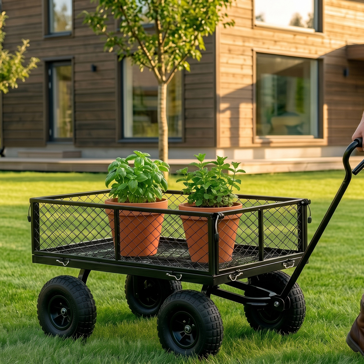 Ein schwarzer Gartenwagen mit zwei Töpfen mit Pflanzen auf Gras vor einem Holzhaus.