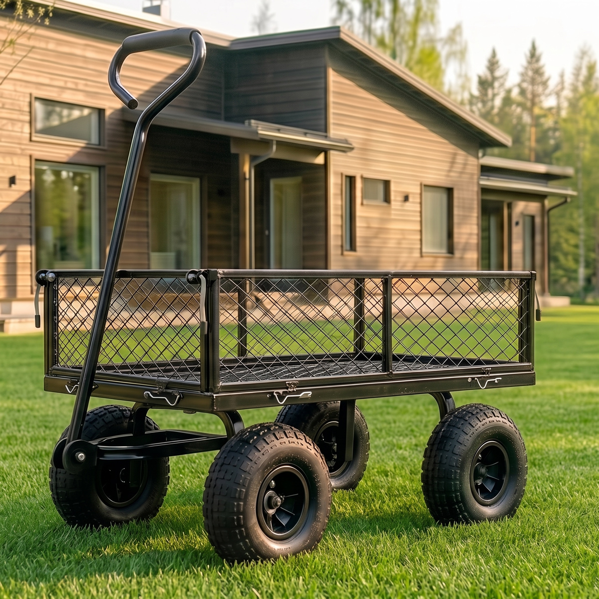 Ein schwarzer Gartenwagen mit vier Rädern steht auf einem grünen Rasen vor einem Holzhaus.