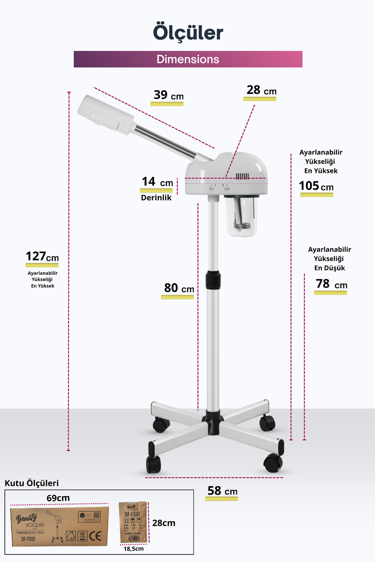 Tekerlekli beyaz buhar makinesi boyutları: Yükseklik 127cm, Genişlik 39cm, Derinlik 14cm.