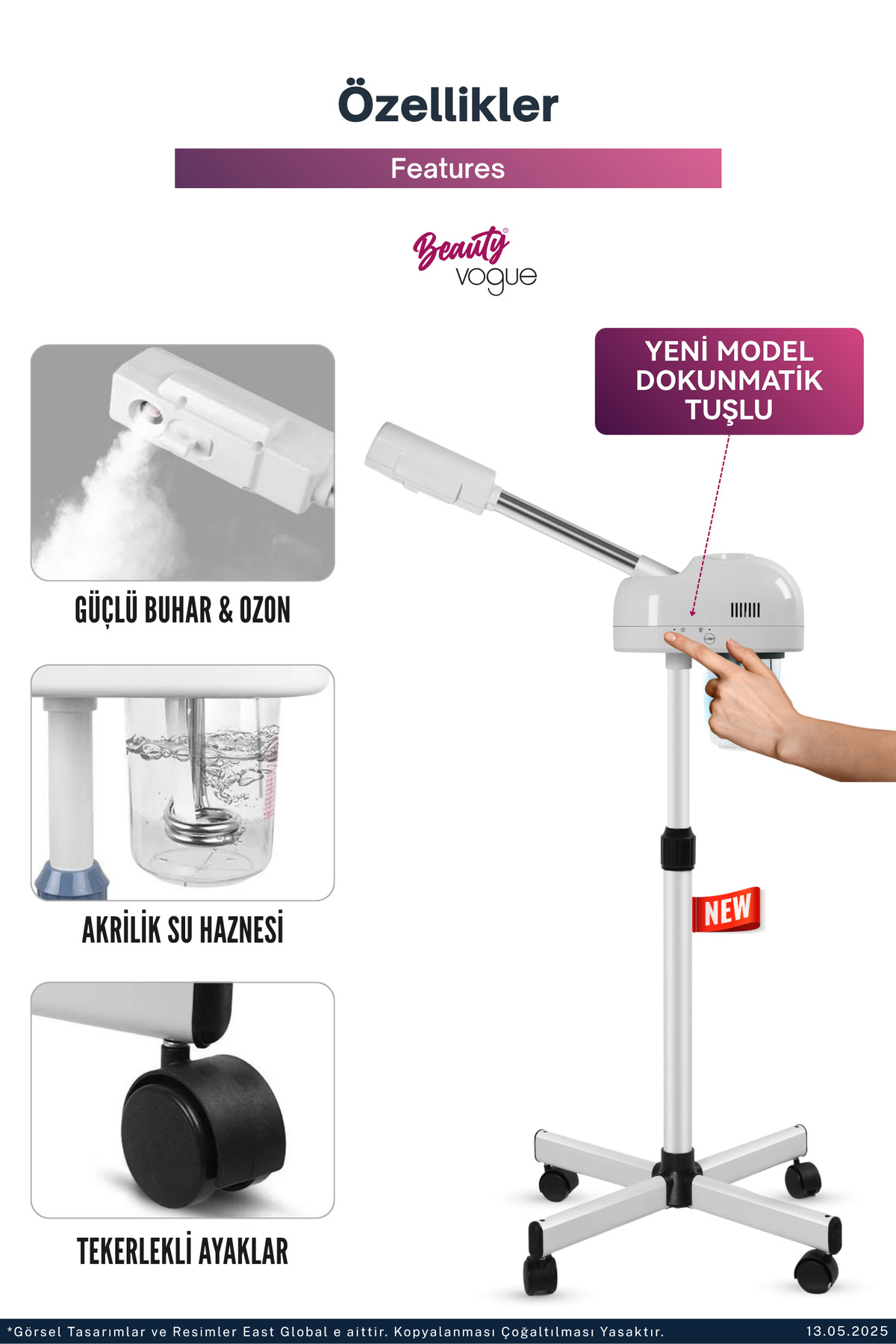 Güçlü buhar ve ozonlu, akril su hazneli, dokunmatik tuşlu, tekerlekli yüz buhar makinesi.
