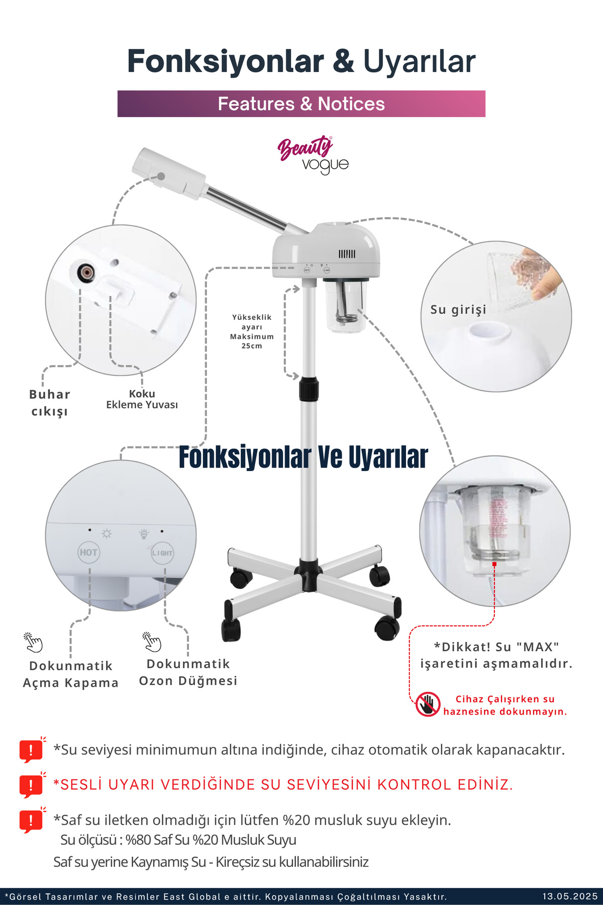 Yükseklik ayarlı, su haznelı ve kumandalı yüz buhar cihazı. Fonksiyonlar ve uyarılar.