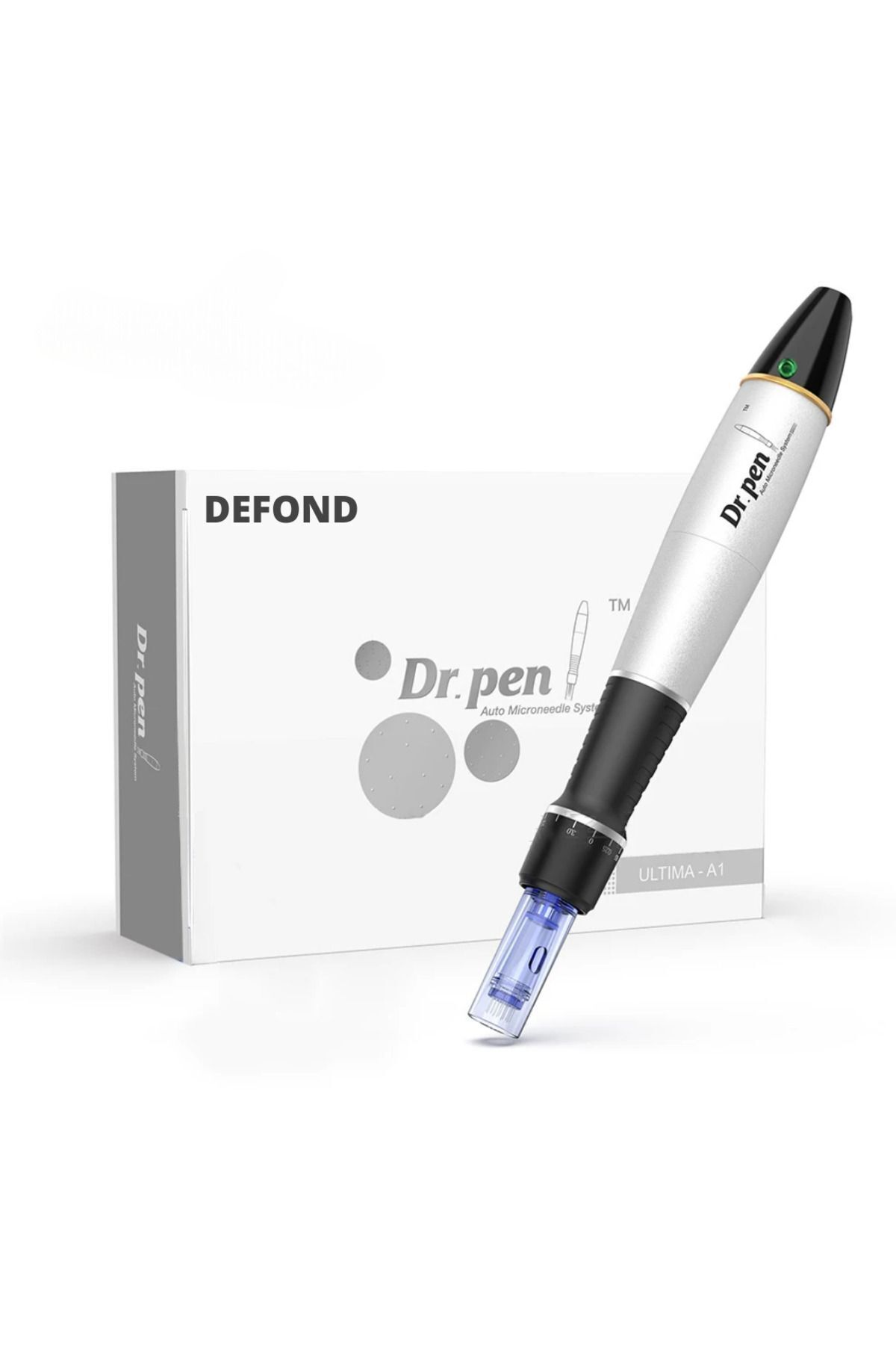 Beyaz arka plan üzerinde Dr. Pen Ultima-A1 mikroiğne kalemi ve DEFOND kutusu.