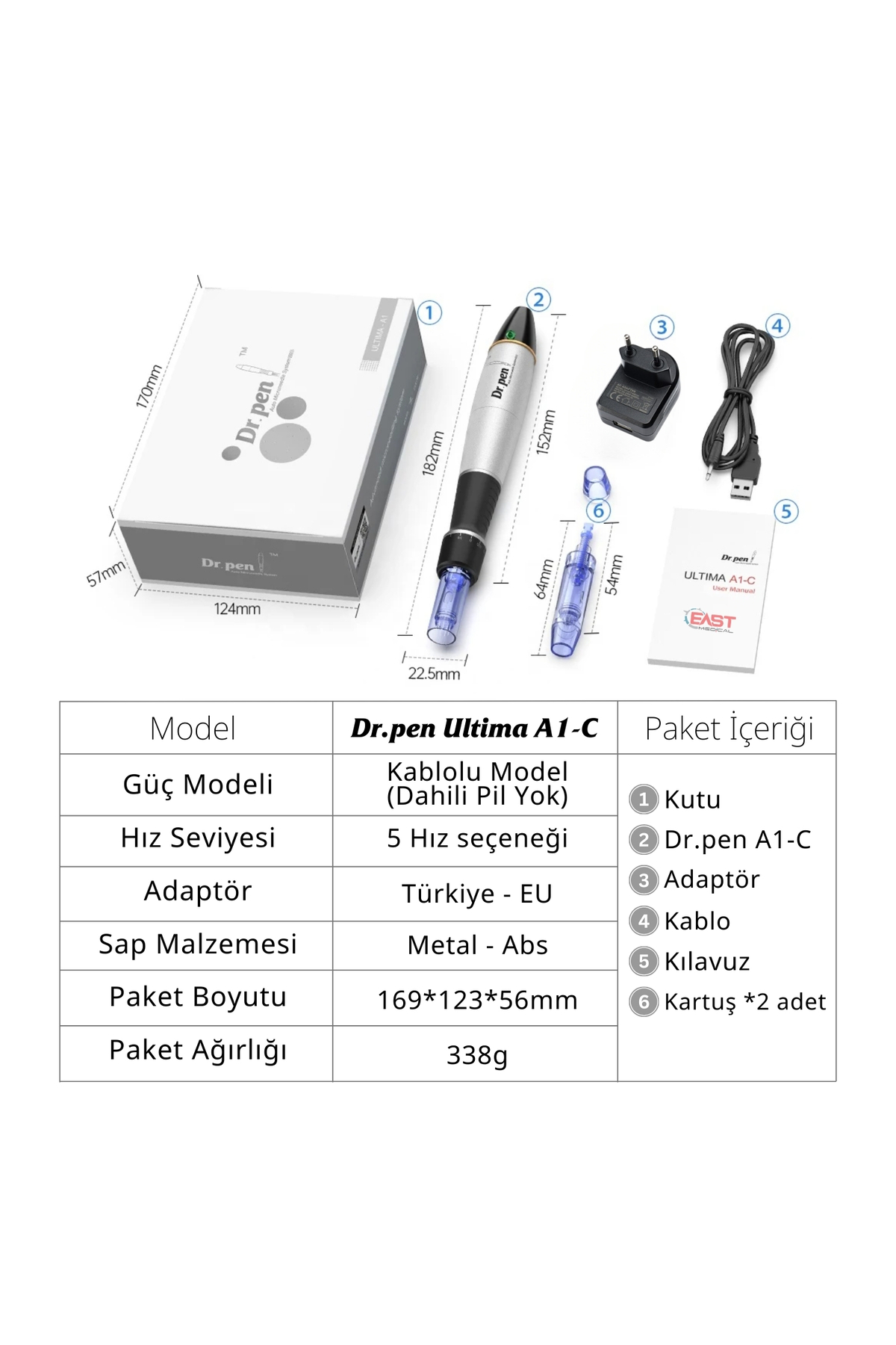 Dr.pen Ultima A1-C aksesuarlarıyla: kutu, kalem, adaptör, kablo, kılavuz ve 2 kartuş.