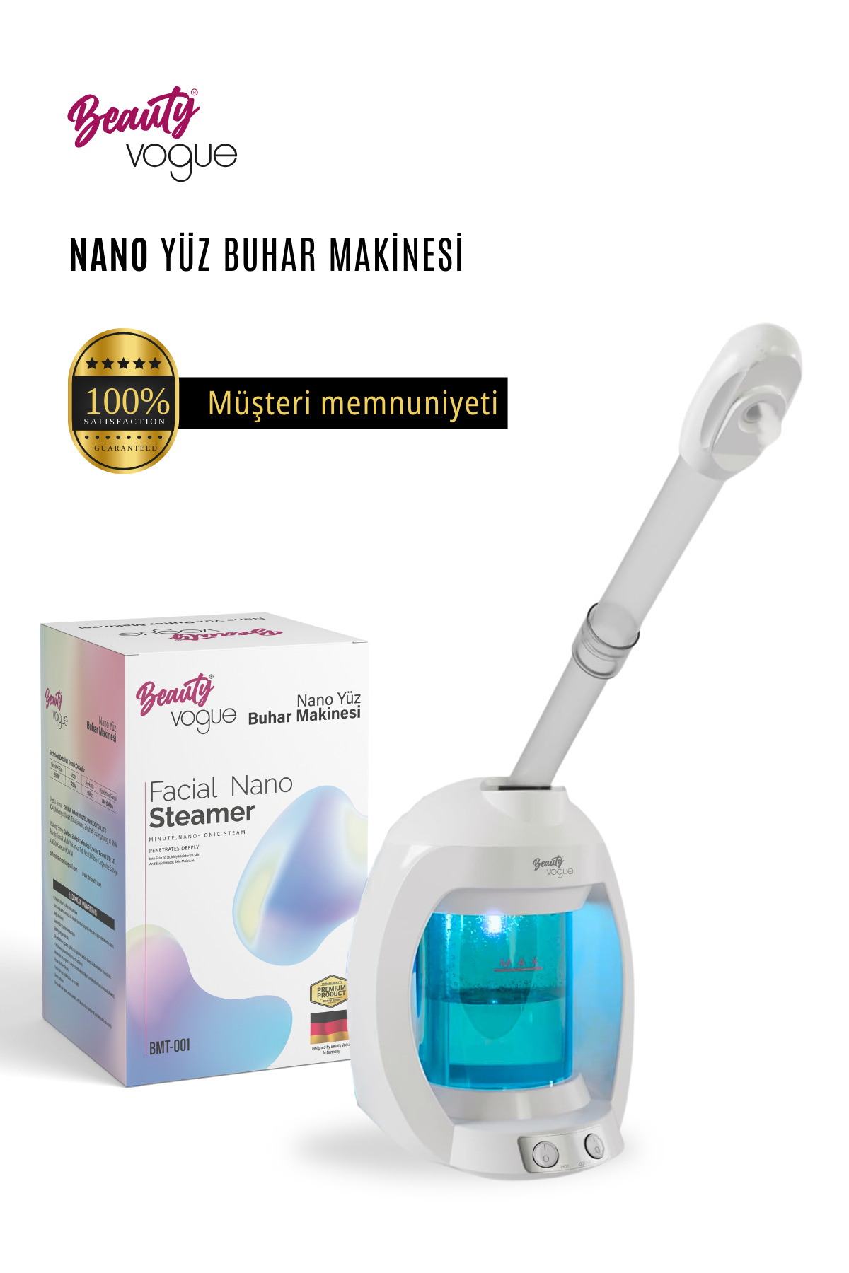 Yanında kutusu olan mavi su ile beyaz bir yüz buhar makinesi.