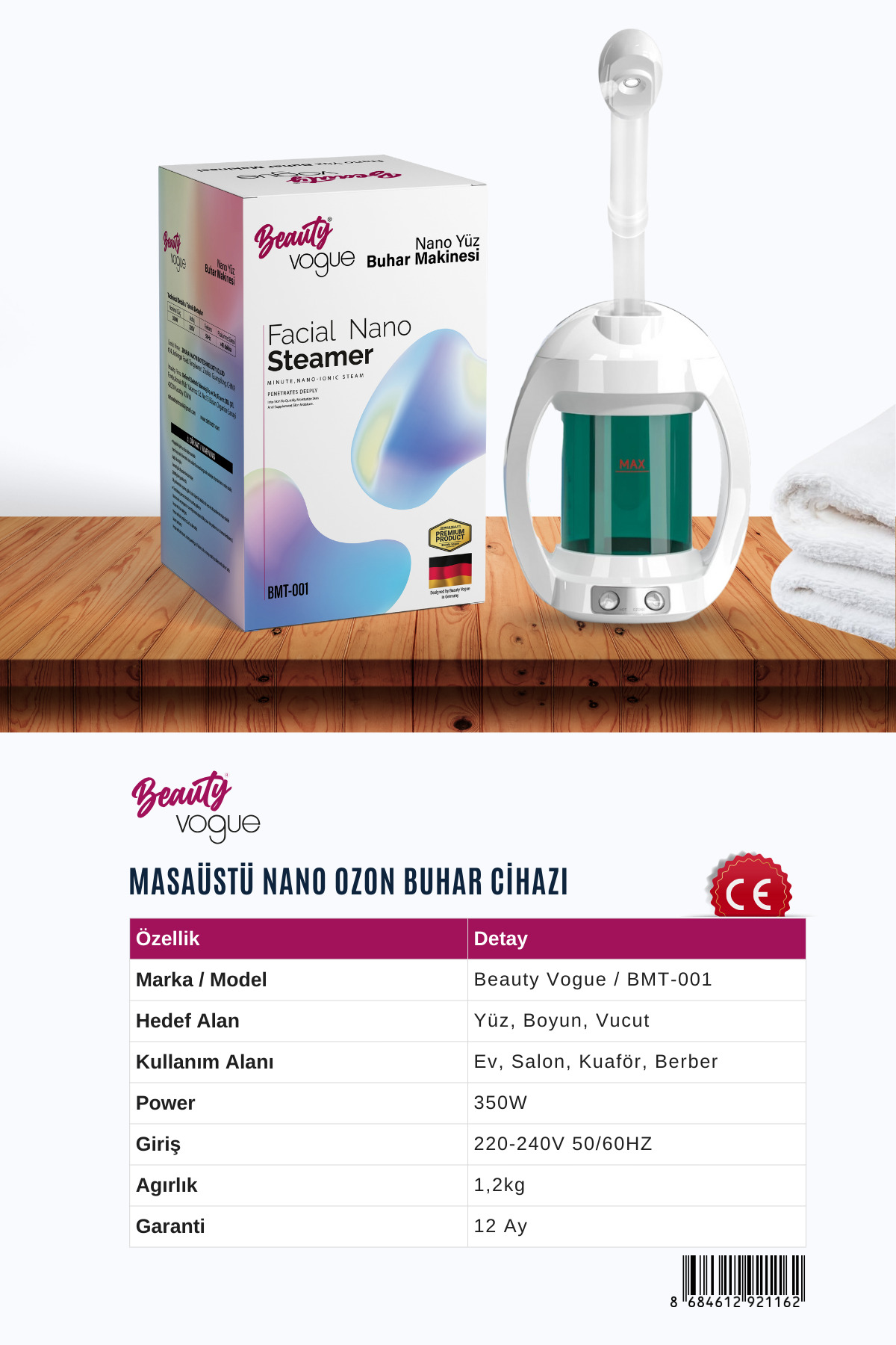 Yeşil tanklı ve beyaz hortumlu Beauty Vogue yüz nano buhar makinesi.