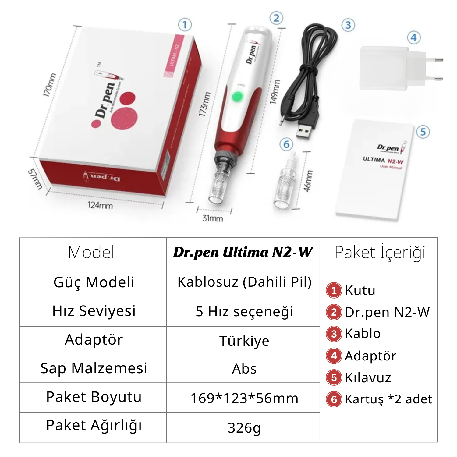 Dr.pen Ultima N2-W: Kutu, kalem, kablo, adaptör, kılavuz, kartuşlar.