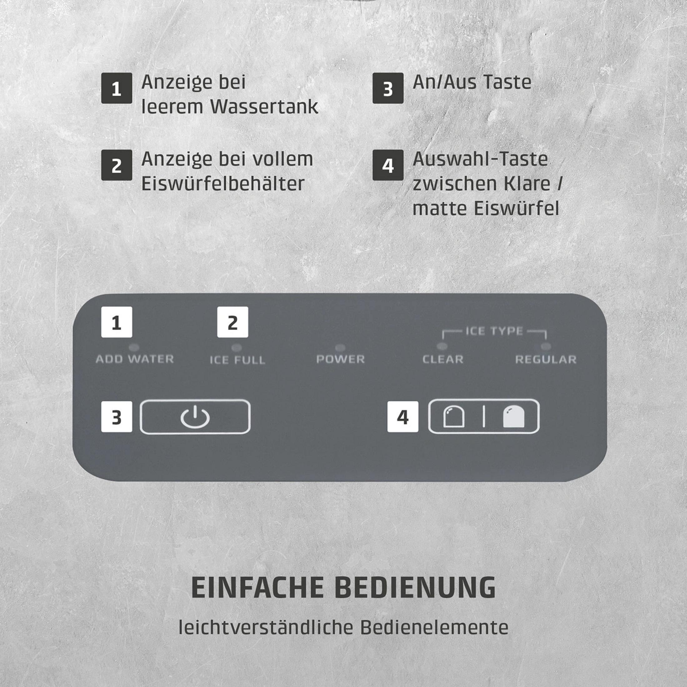 Bedienelemente: Wasserstand, Eisbehälter, Power, Eiswahl. Einfache Bedienung.