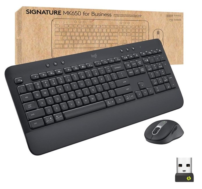 USB alıcılı ve ambalajlı siyah Logitech MK650 klavye ve fare seti.