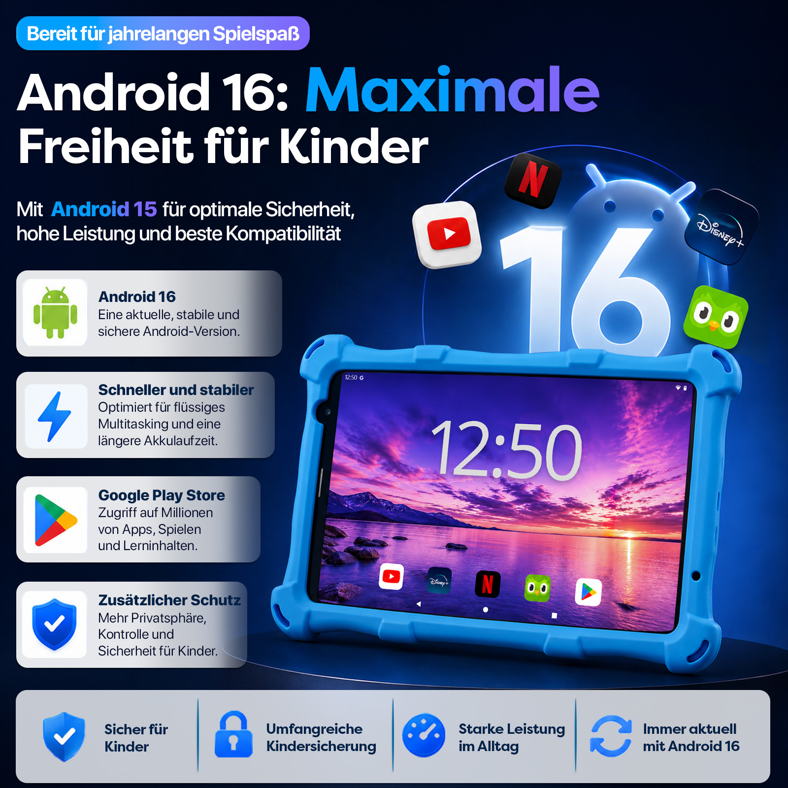 Tablet mit Android 16, App-Icons, und Text über Funktionen für Kinder.