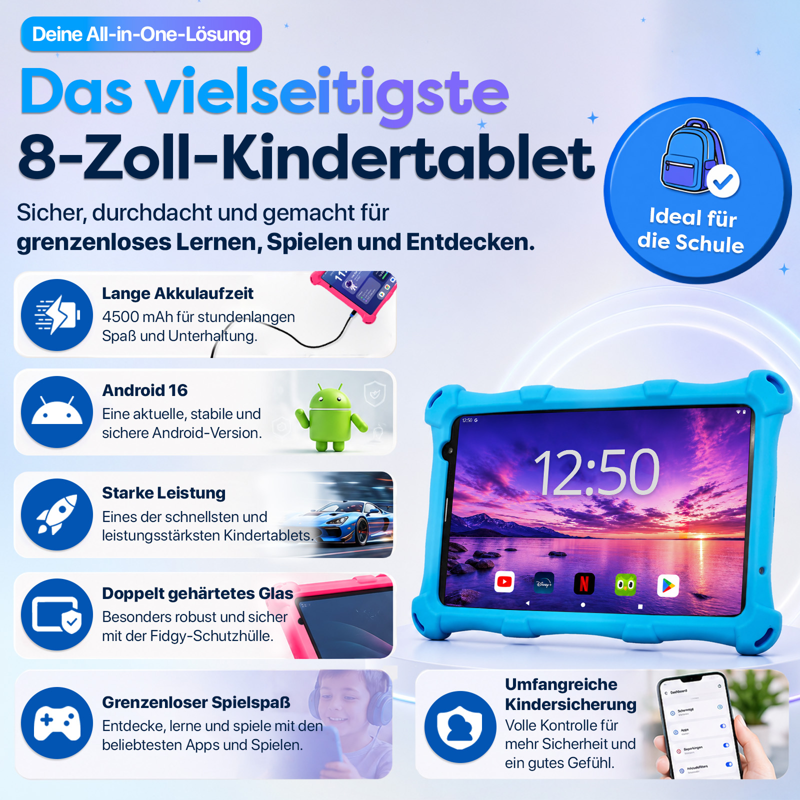 Ein blaues Kinder-Tablet mit vielen Features wie langer Akkulaufzeit & Android 16.