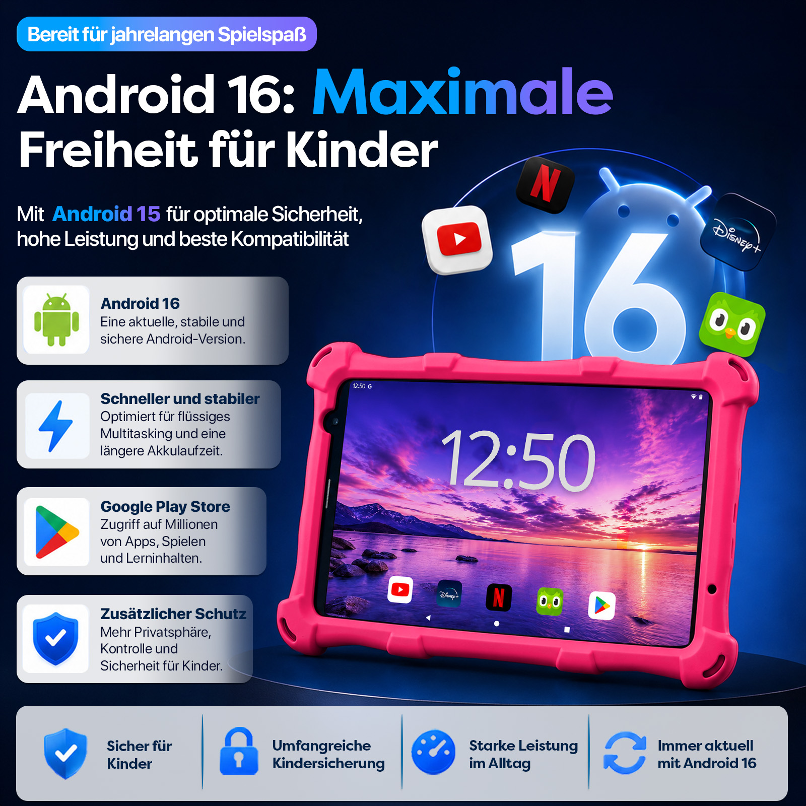 Android 16 Tablet mit Apps wie YouTube, Netflix, Disney+ und Duolingo.