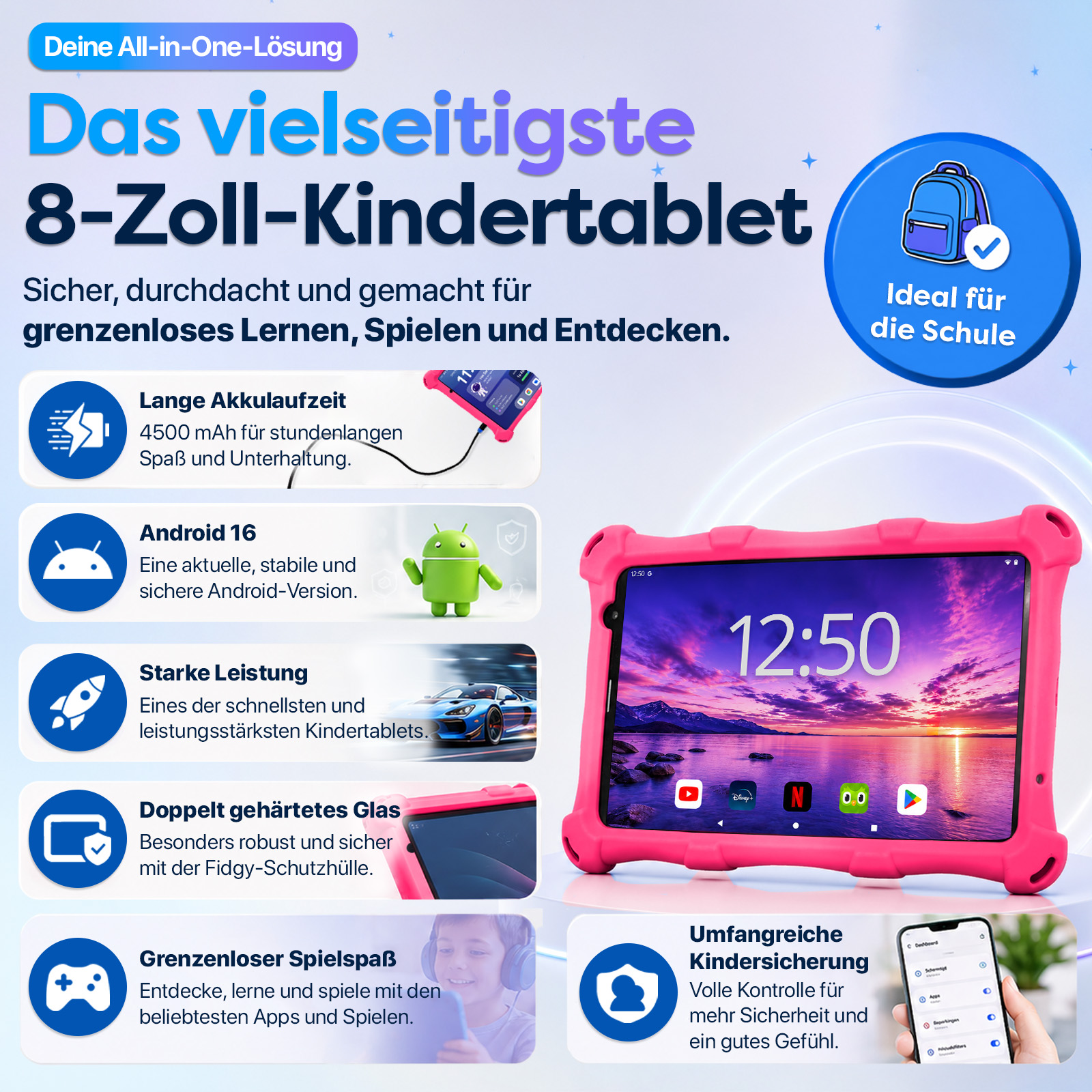 Ein pinkes Tablet für Kinder mit Icons und Text, das die Vorteile hervorhebt.