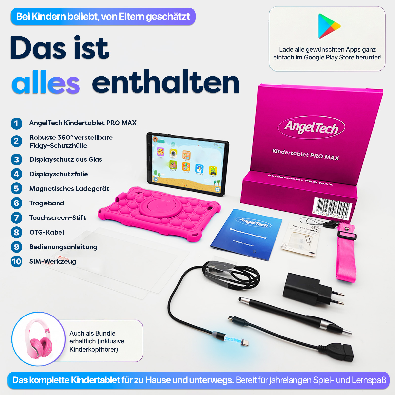 AngelTech Kindertablet PRO MAX mit Zubehör: Hülle, Ladekabel, Stift, Anleitung.