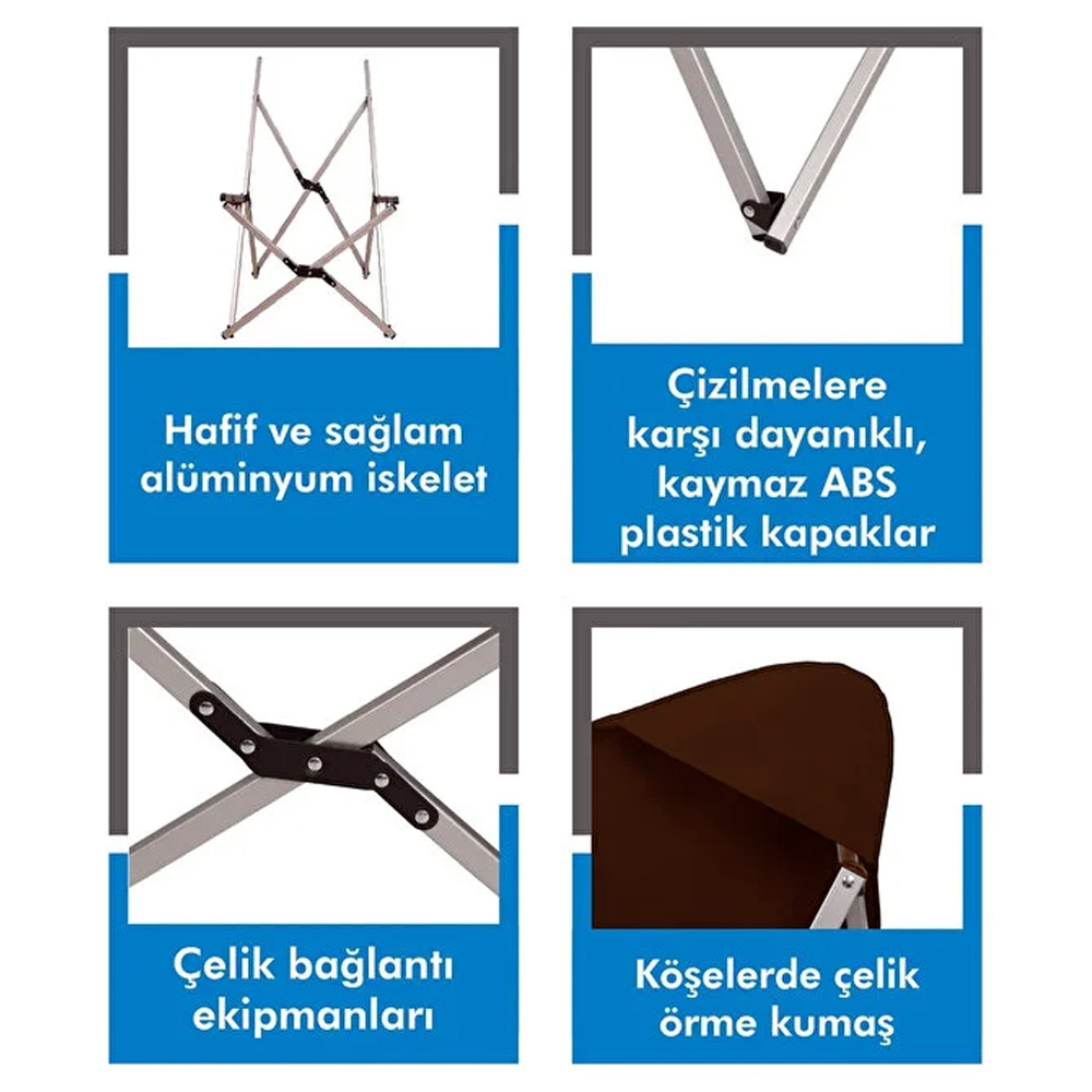 Hafif, sağlam alüminyum iskelet, çizilmez ABS kapaklar, çelik bağlantılar, kumaş köşeler.