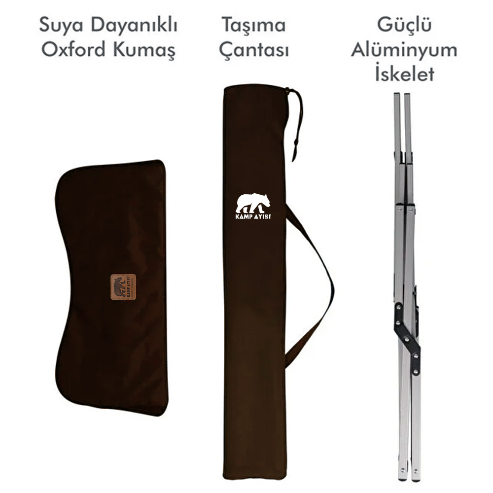 Kahverengi taşıma çantası, kahverengi kumaş kılıf, katlanmış alüminyum iskelet.
