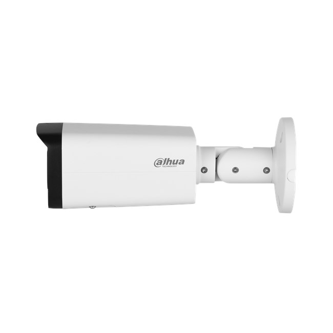 Telecamera di sicurezza Dahua bianca con parte anteriore nera, montata su staffa bianca.