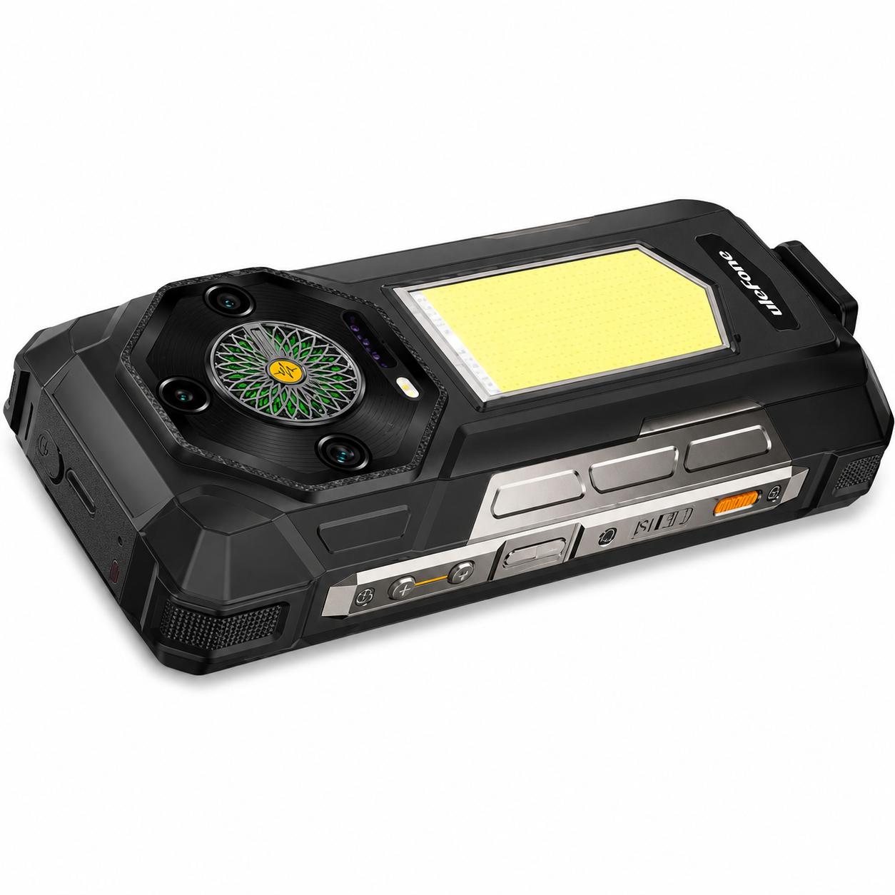 Uno smartphone robusto nero con una luce LED rettangolare e fotocamere multiple.