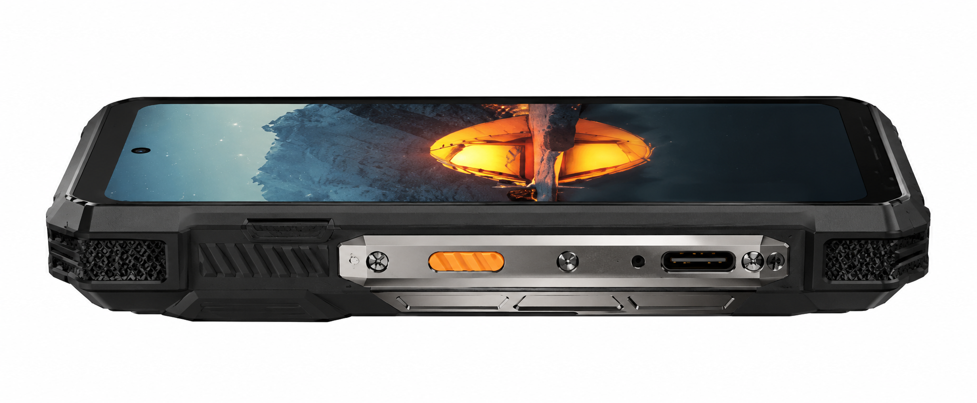 Smartphone robusto nero con porta USB-C e pulsante arancione.