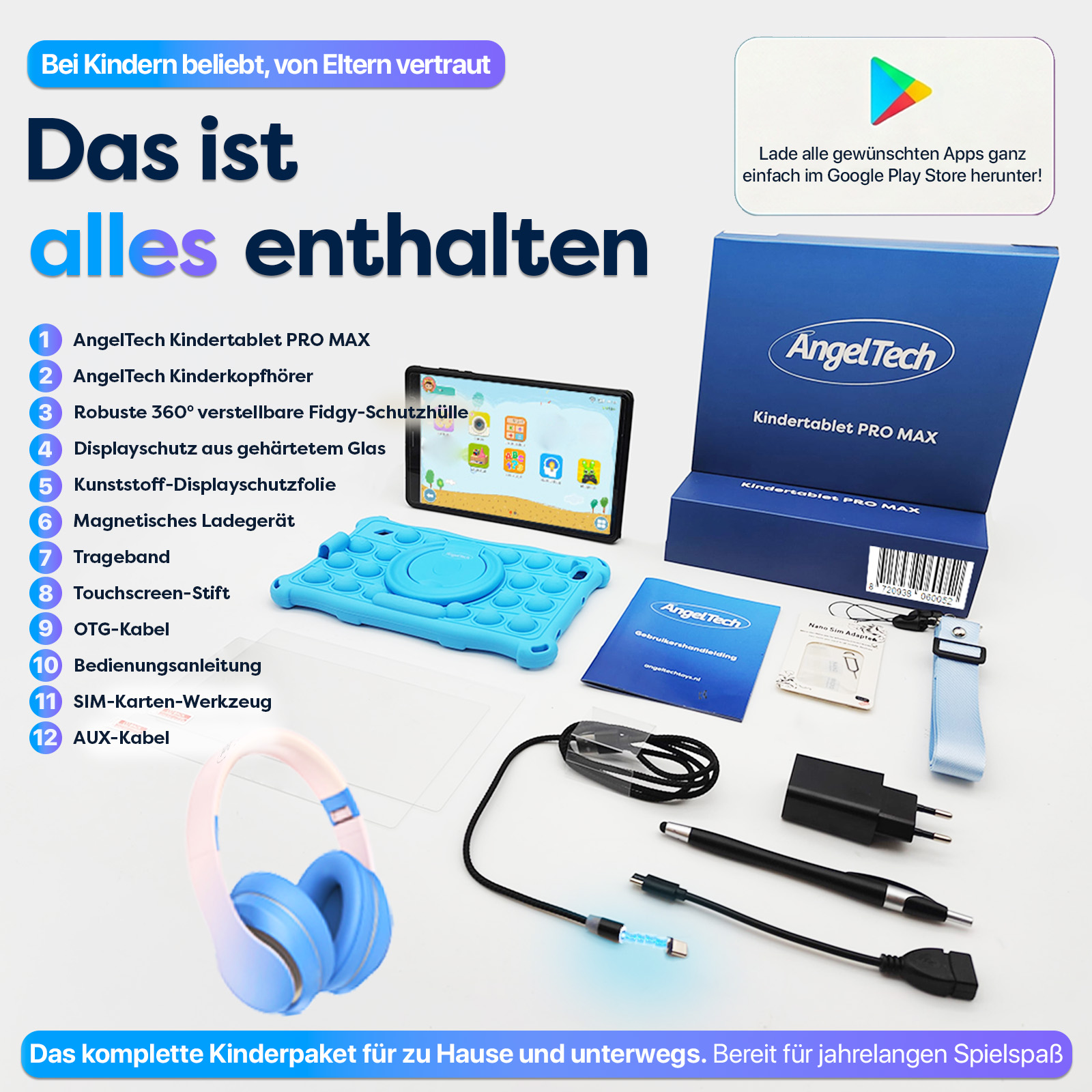 AngelTech Kindertablet PRO MAX mit Zubehör: Tablet, Kopfhörer, Hülle, Stift, Kabeln, Ladegerät.