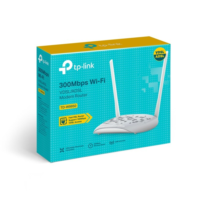 TP-Link TD-W9950 VDSL/ADSL modem yönlendirici kutusu, cihaz resmiyle. 300Mbps Wi-Fi.