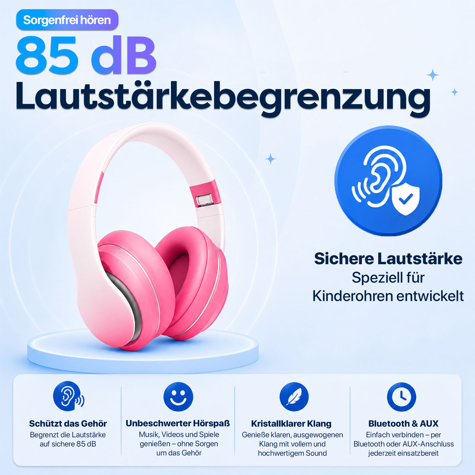 Pink und weiße Kopfhörer mit 85 dB Lautstärkebegrenzung für Kinder.
