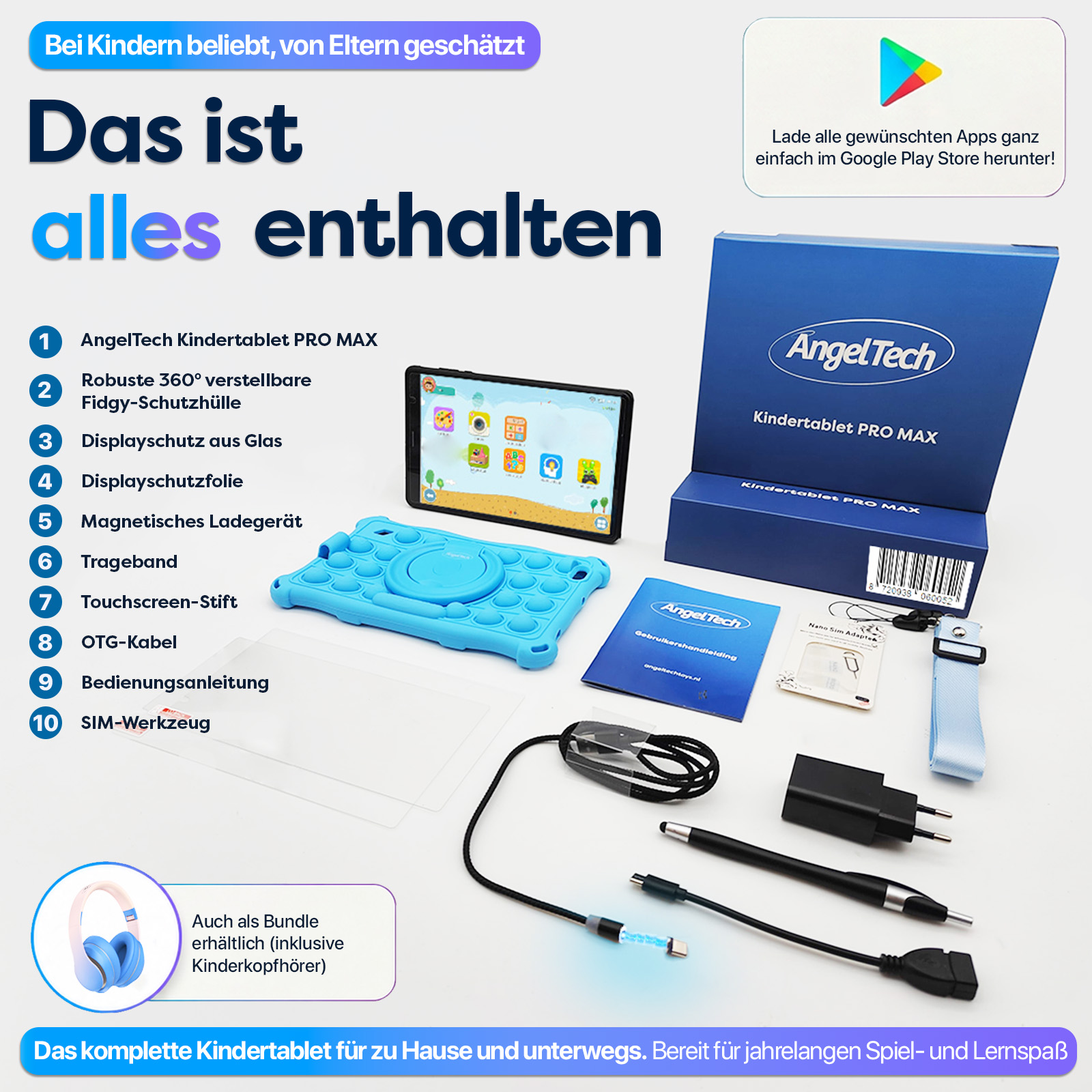 Das AngelTech Kindertablet PRO MAX Bundle enthält Tablet, Hülle, Stift, Kabel und mehr.