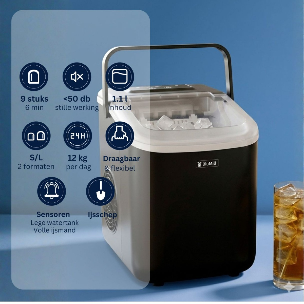 Portable ice maker with ice cubes and a glass of iced tea beside it.