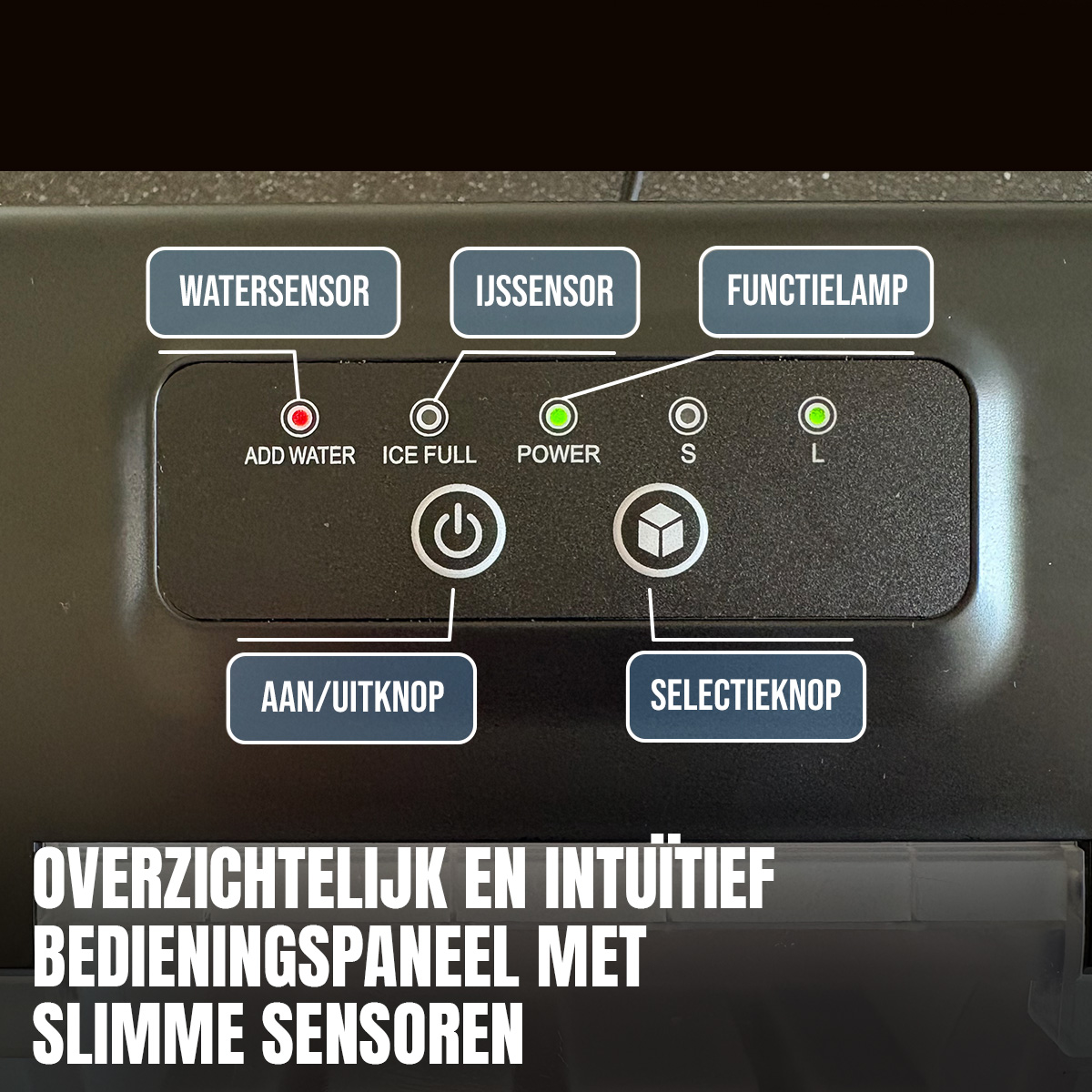 A control panel with sensors and lights for water, ice, and power.