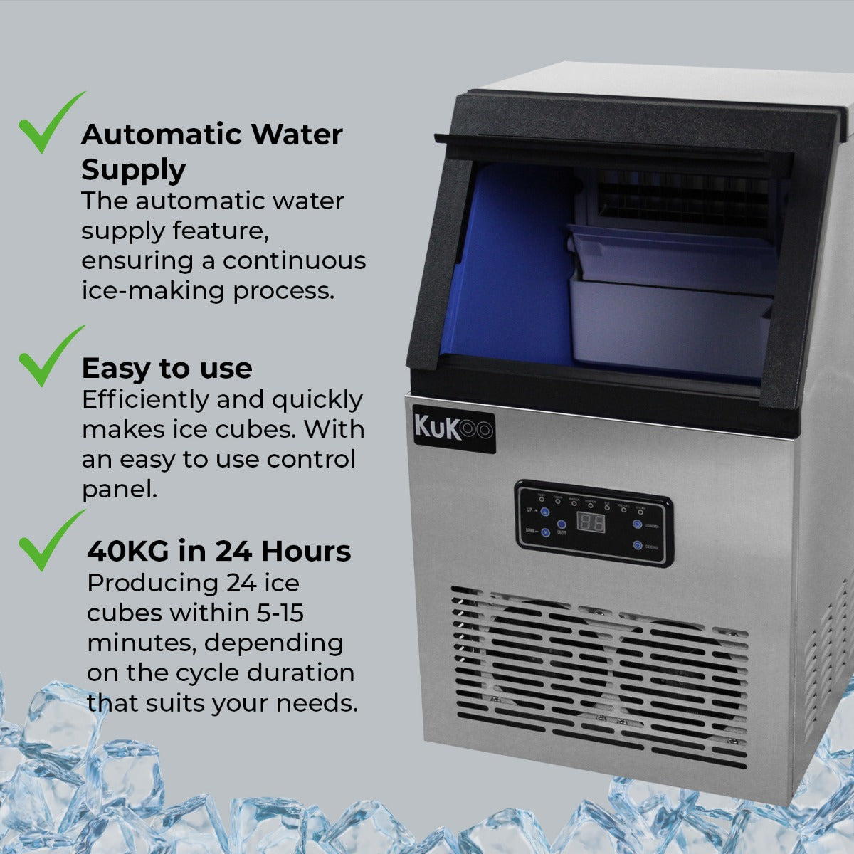 Máquina de hielo de acero inoxidable con interior azul y cubitos de hielo delante.