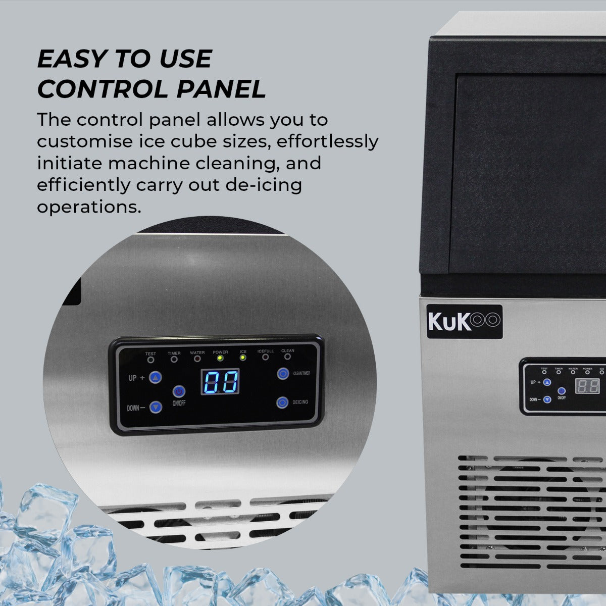 Panel de control de máquina de hielo con botones y pantalla digital. Cubitos de hielo delante.